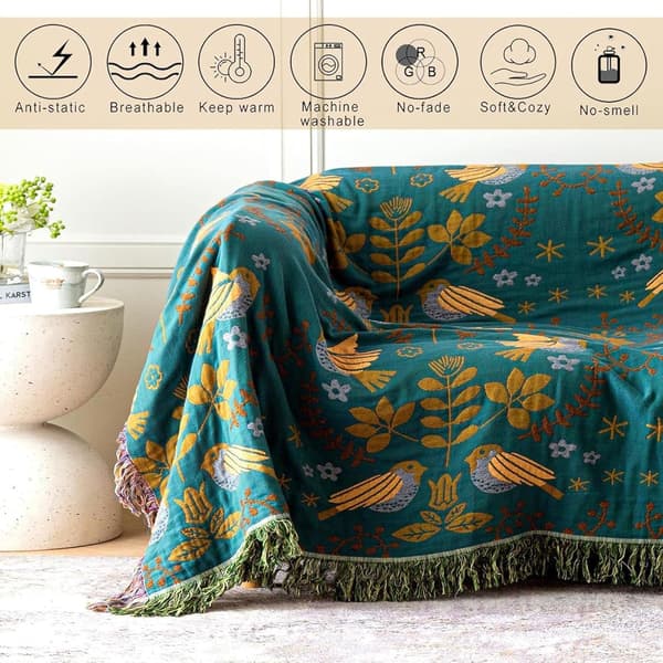 MSGKV Boho Plaid 152x203 cm, 100% Bomuldstæpper til Sofa Seng, Bomuldsquilt Rejse Musselin Tæpper Bondegårdsindretning Blød Letvægts Picnic