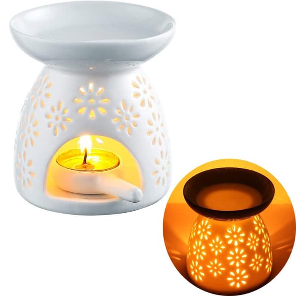Aromalampe med keramisk lysholder, hvit med blomsterdesign