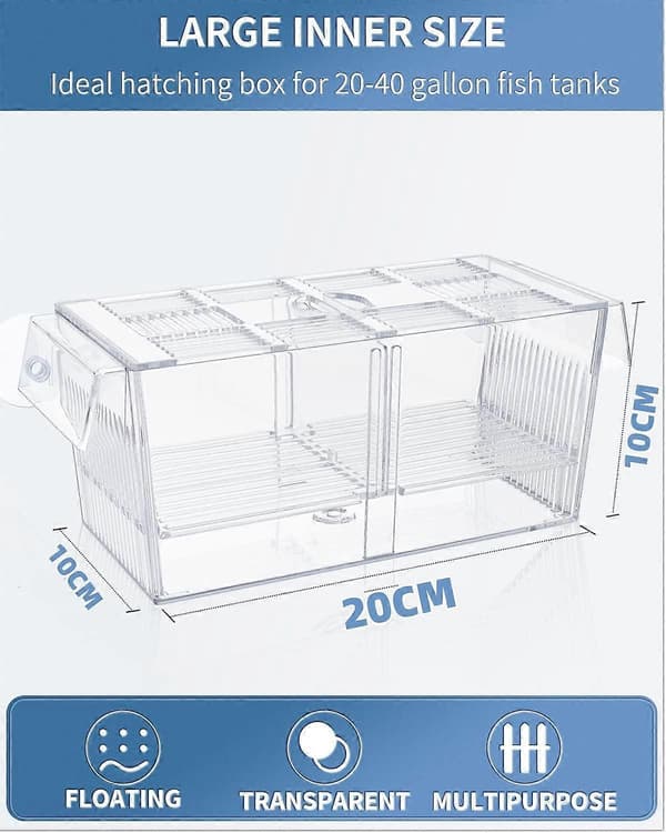 20*10*10cm Akvarium Fiskodlingslåda, Akryl Inkubator Tank med Sugkoppar för Räkodling