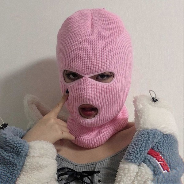 (Svart) Vinter Unisex Stickad Mössa Tre Hål Enfärgad Helmask Balaclava Dome Stickad Ansiktsskydd Mössa för Utomhuscykling Black