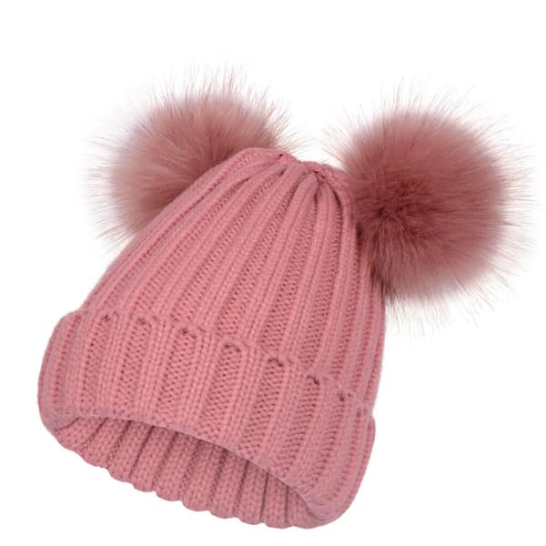 Pälsmössa med dubbla tofsar Dam Höst och Vinter Koreansk Mode Stickad Mössa Dubbel Bollmössa Pink
