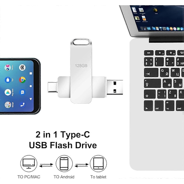 128GB USB-muistitikku 2 kpl Type C -muistitikku 2 in 1 Photostick Metallinen muistitikku USB-muistitikku Kynämuisti 128 Giga PC:lle Kannettavalle tietokoneelle Autolle TV:lle Tabletille Type