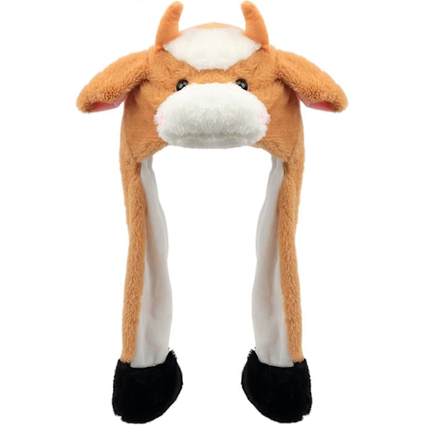 Brun Ku Hatt med Ører som Beveger Seg, Hopper Opp, Slår, Plysj Gårdsdyr Høytids Cosplay Kostyme Morsom Festival Bursdagsgave, 56 cm