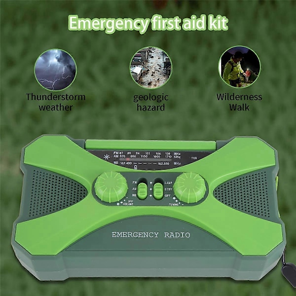 10000MAh Nödradio, Solcellshandvev med Laddare, LED Grön