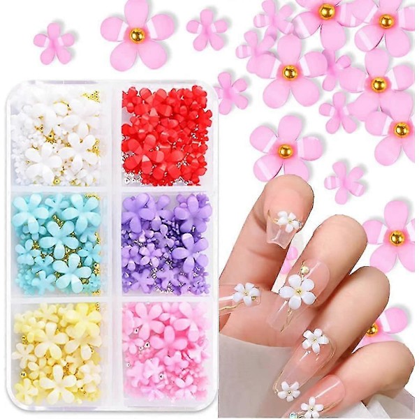 3D Blommor Nageldekorationer för Akrylnaglar, 6 Fack 3D Nagelblommor Strass Körsbärsblom