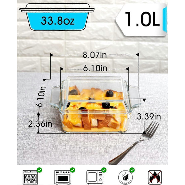 Liten gryteform med lokk, 20,5 x 15,5 x 8,6 cm glassform med lokk, individuelle firkantede gryteformer, mikrobølgeovn- og ovnssikker