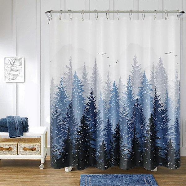 Blå Skog Duschdraperi, Tropiskt Duschdraperi Set med 6 Krokar, Badrumsgardiner Slitstarkt Tyg Maskintvättbart, 91x183cm