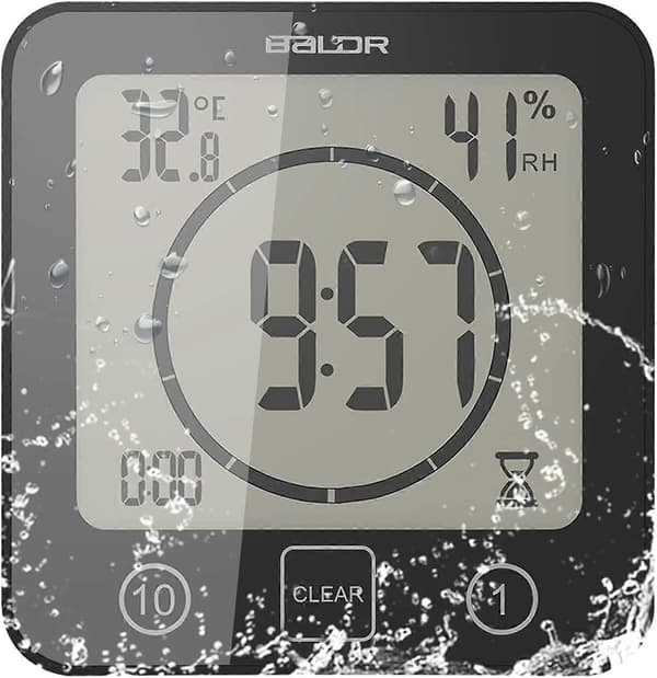 Badrumsklocka, LCD Digital Väckarklocka med Vattentät Touch Duschklocka, Temperatur Luftfuktighet, Nedräkningstimer, 3 Monteringsmetoder, Batteridriven