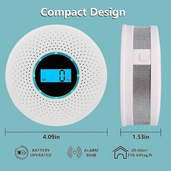 Kolmonoxid Detektor Rökdetektor Hög Noggrannhet CO Alarm Med Ljudvarning Och Digital LCD D