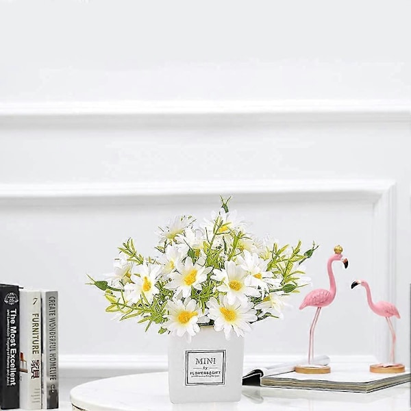 Kunstige blomster, Margueritblomst med vase Silkeagtig kunstig margueritbuket Falsk plante Bonsai til hjemmekontor Bryllupsdekoration, Bordpynt A