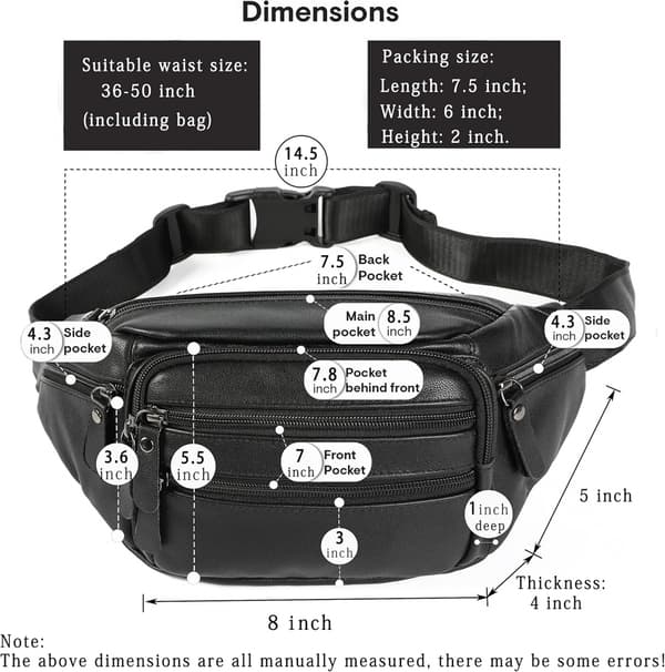 Læder Fanny Pack til kvinder og mænd, ægte taljetaske til vandreture, rejser, løb - sort