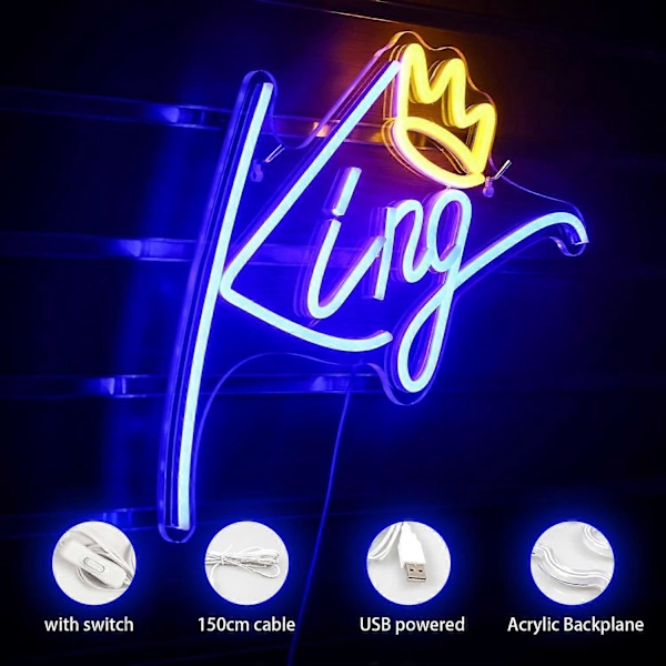 King Neonkyltti, siniset LED-kirjaimet vaaleanpunaisella kruunulla, huomiota herättävä