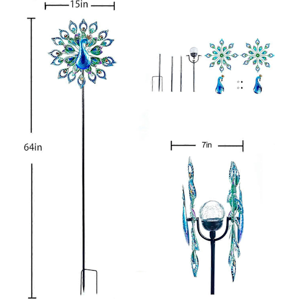 164-tuumainen aurinkometallinen tuulimylly - Kinetic Peacock -puutarhaveistos