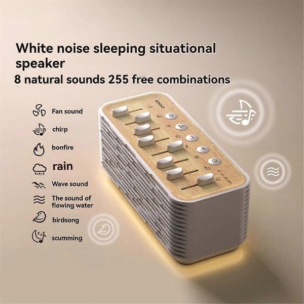 Hvit Støy Søvnlyd Bluetooth Høyttalermaskin med 8 Naturlyder Mini Høyttaler Musikksenter Trådløs