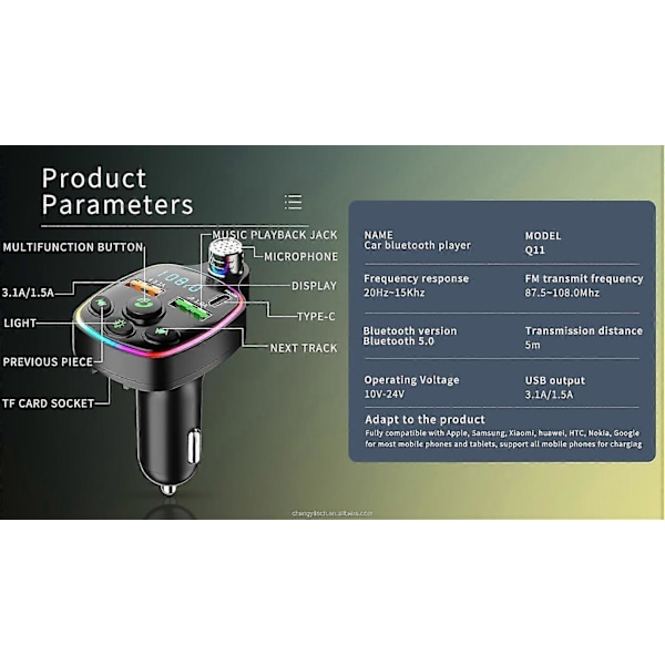 Trådløs Bluetooth 5.3 FM-sender for bil, rask 3.1A lader, Bluetooth radioadapter, PD+QC3.0, støydempende mikrofon og musikkspiller