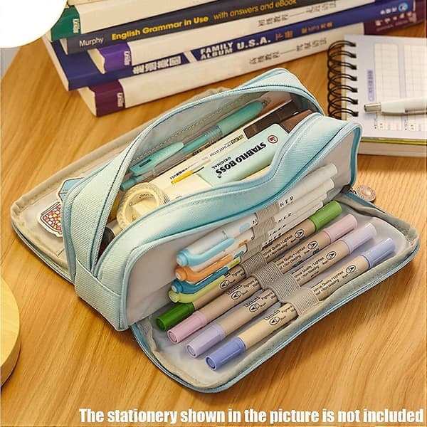 Pencil Case til Teenagere og Piger - 3 Rum - Stor Kapacitet - til Skole og Kontor (Lyseblå)