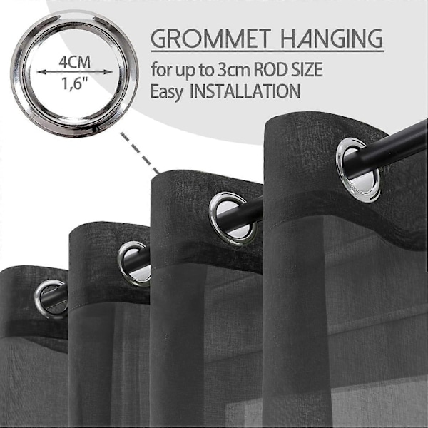 2-delat Svart Skir Voile Gardin 140x250 cm med Öljetter Halvtransparent i Linneeffekt Heminredning för Vardagsrum Fönster Modernt Sovrum Kök Balkong