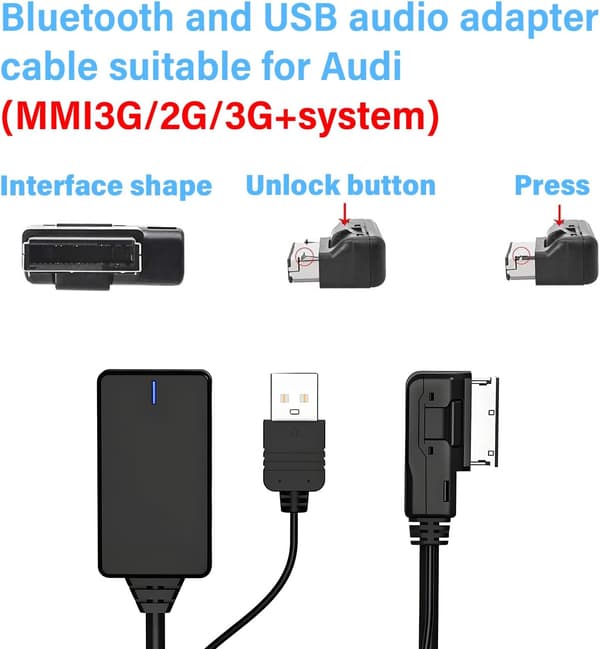 AMI Bluetooth-ljudadapter för Audi MDI MMI 3G-system, Bluetooth 5.0-adapter Kompatibel Bluetooth-bilsats för VW Audi A3 A4 A7 R7 S5 Q7 A6L A8L A4L Se