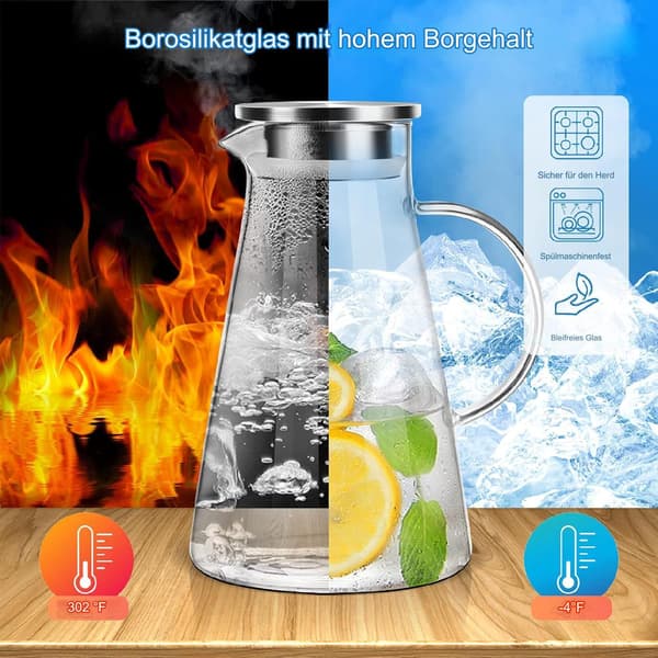 Glaskaraffel/kande, 2 L, med låg, til varmt eller koldt vand