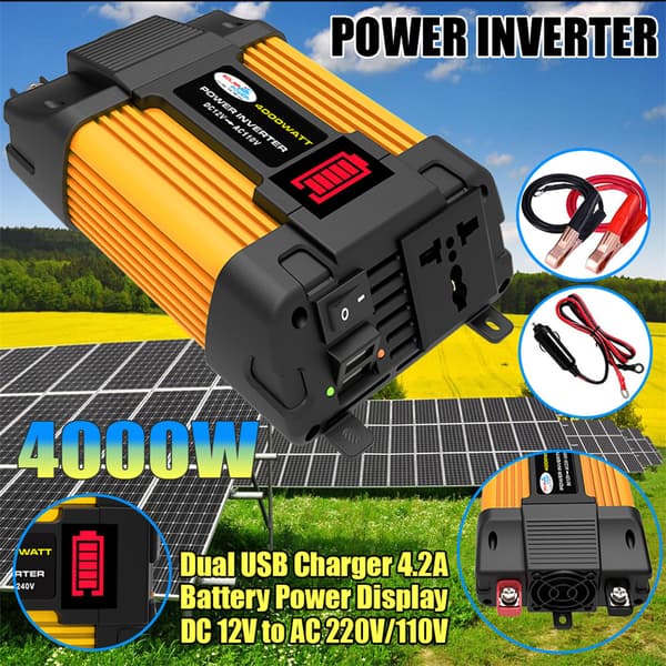4000W DC 12V til 220V Spændingsomformer, med Dobbelt 4.2A USB-oplader og Batteristrømdisplay