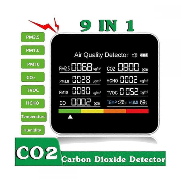 9-i-1 Luftkvalitetsmätare Koldioxiddetektor TVOC HCHO PM2.5 PM1.0 PM10 Temperatur Luftfuktighet