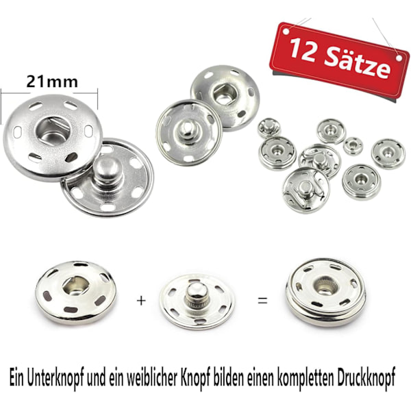 12 sæt 21 mm metal trykknapper til tøj, håndtasker, DIY