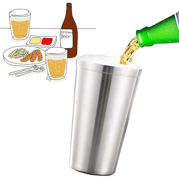 Rostfria stålkoppar - 2-pack borstad metall drickskopp, okrossbara, stapelbara, kaffe/te/ölglas (Silver 500ml)