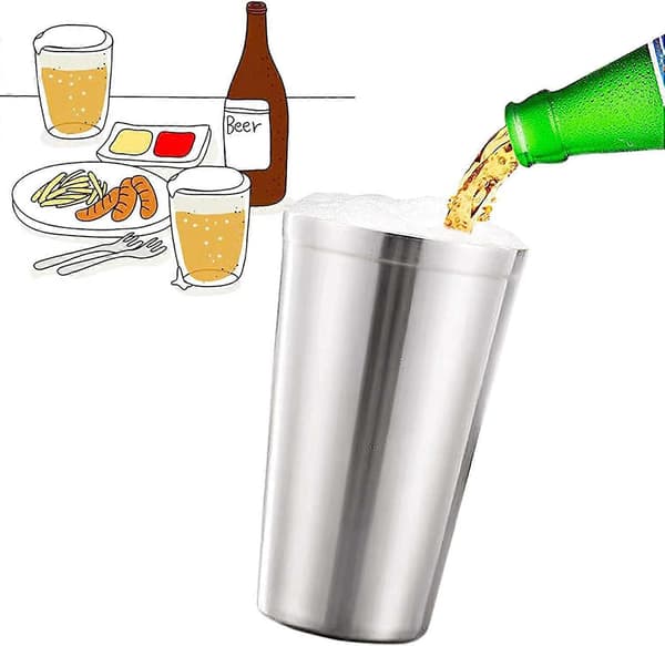 Rustfri Stål Krus - Sæt med 2 Drikkekrus i Børstet Metal, Ubrydelige, Stabelbare, Kaffe/Te/Ølglas (Sølv 500ml)
