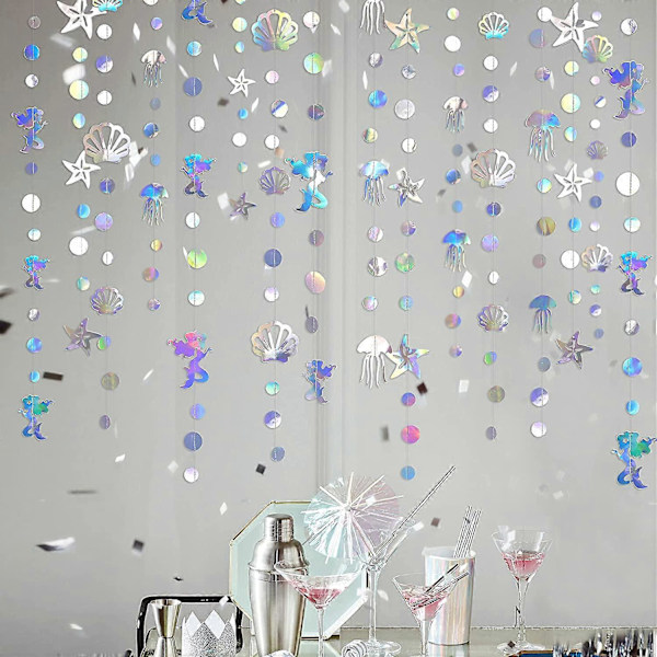 16 meter Iridescent Mermaid Girlang med Manet, Snäcka, Sjöstjärna, Pärla Holografisk Pappersstreamer för Lilla Sjöjungfrun Regnbågstema Födelsedag Möhippa