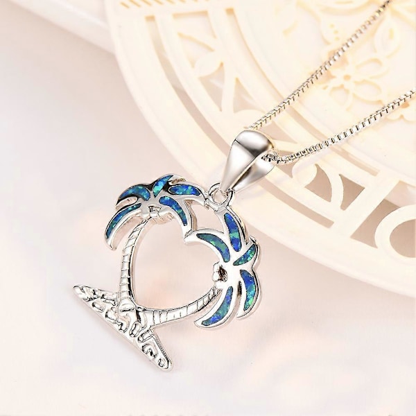 Skapad Blå Opal Hjärta Formad Palm Träd Silverpläterad Sterling Silver Hängsmycke Halsband Smycken för Kvinnor eller Tonåringar