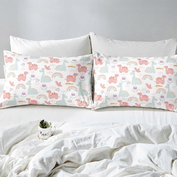 1 Sett Tegneserie Dino Sengesett for Barn med Søtt Jungel Dino Design i Rosa Grønn King Size