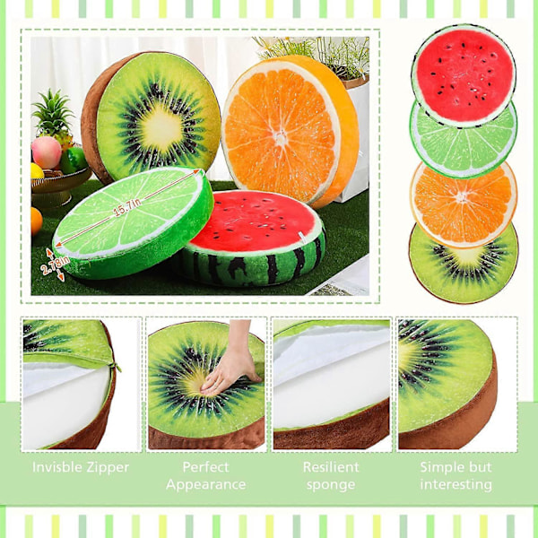 4 st 40 cm Runda Fruktkuddar Fyllda Prydnadskuddar 3D Vattenmelon Kiwi Citron Apelsin Dekorativa Golvkuddar Stol Leksak Sits Golvsittkuddar