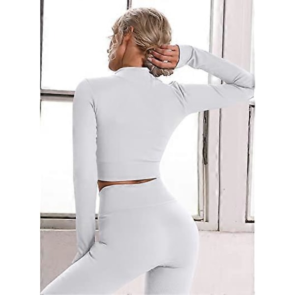 Gymnastiksæt til kvinder 2 dele lange ærmer træningssæt fuld lynlås crop top og ribstrikkede leggings løbesæt