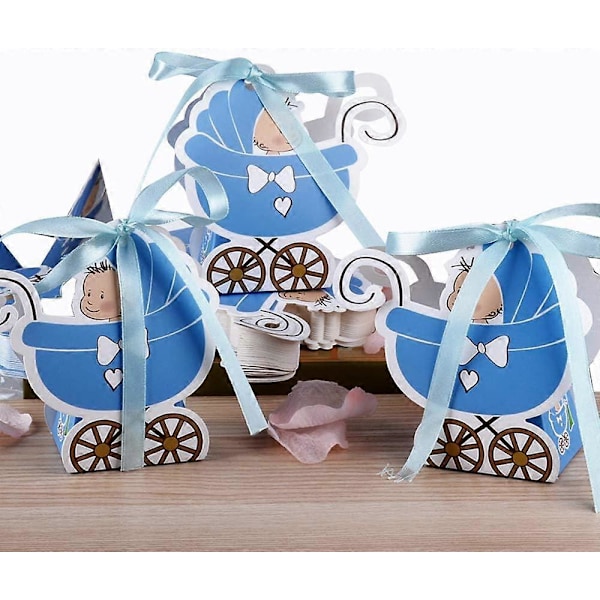 48 st Dop Presentaskar Barnvagn Form Papper och Band Ask Presentask Godisask med Pojke Flicka Bordsdekoration för Baby Shower Bröllop Baby Sho