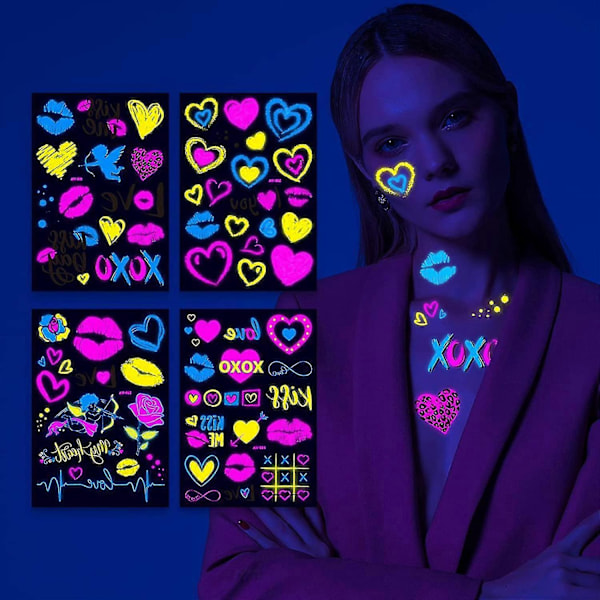 4 ark neon temporära tatueringar, 80+ skimrande designer lyser UV neon kropps- och ansiktstatueringar, vattentäta smyckestatueringar