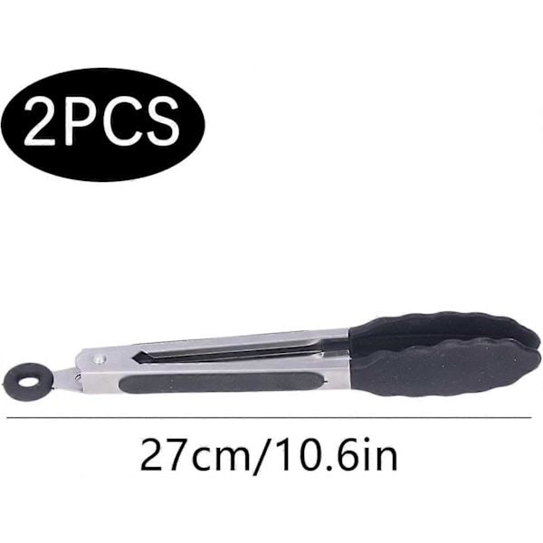 Sklisikre rustfrie stål Premium kvalitet 27cm silikontenger Kjøkkentenger for grilling, servering, baking og matlaging - Svart (2 stk.)
