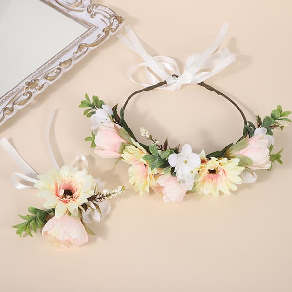 Blomsterkrans, pandebånd, krone, blomsterguirlande, hår, bryllup, med armbånd