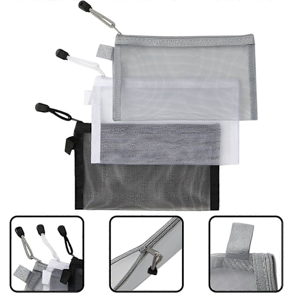 3-pak Gennemsigtige Mesh Penalhuse med Lynlås til Makeup og Blyanter til Kvinder - 21 x 12 cm, Sort Hvid Grå