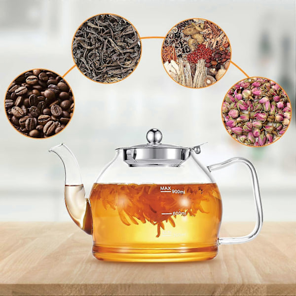 Lasinen teepannu irtoteelle, liesitasolle sopiva, 1200 ml
