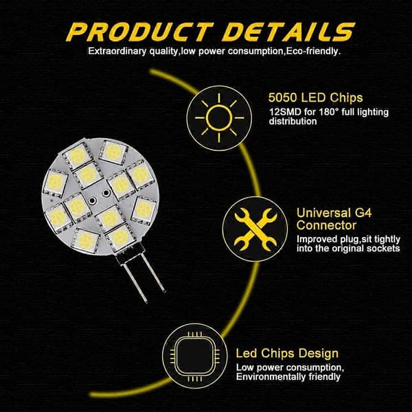 10x G4 LED Pære DC 12V Ikke-Dimbar Hvit 6000K Pære Erstatning 20W Halogenlampe