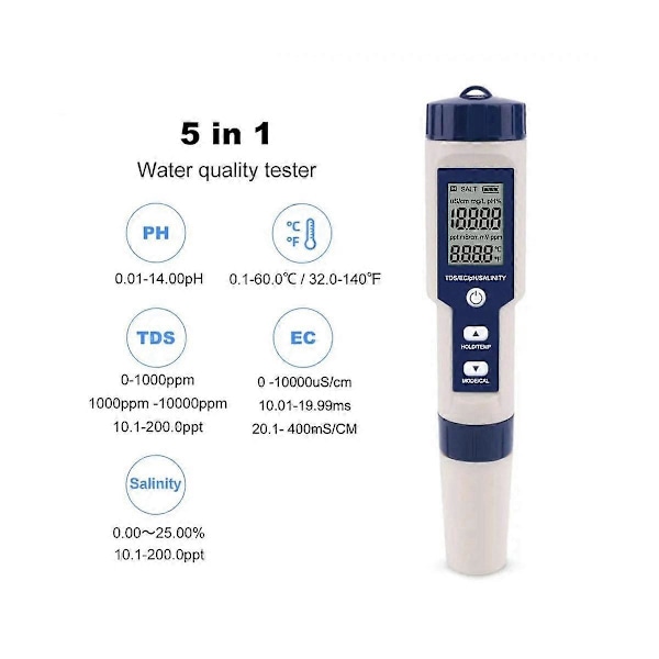 5 i 1 TDS/EC/PH/Salinitet/Temperaturmåler Digital Vannkvalitetsmonitor Tester for Bassenger, Drikkevann