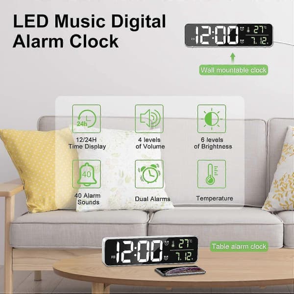 Digital väckarklocka, morgonväckarklocka, LED digital spegel väggklocka med datum och temperatur