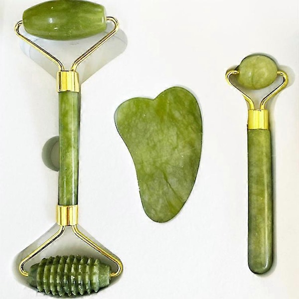 Jade Roller för Ansikte - 3 i 1 Kit med Ansiktsmassageverktyg, Äkta Naturlig Jade Sten Ansiktsroller Anti-Aging, Ansiktsskönhetsset för Ögon Anti-Rynkor
