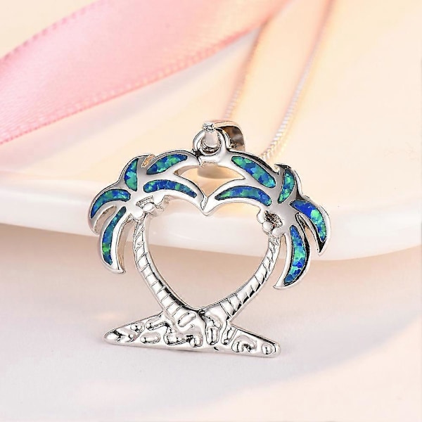 Skapad Blå Opal Hjärta Formad Palm Träd Silverpläterad Sterling Silver Hängsmycke Halsband Smycken för Kvinnor eller Tonåringar