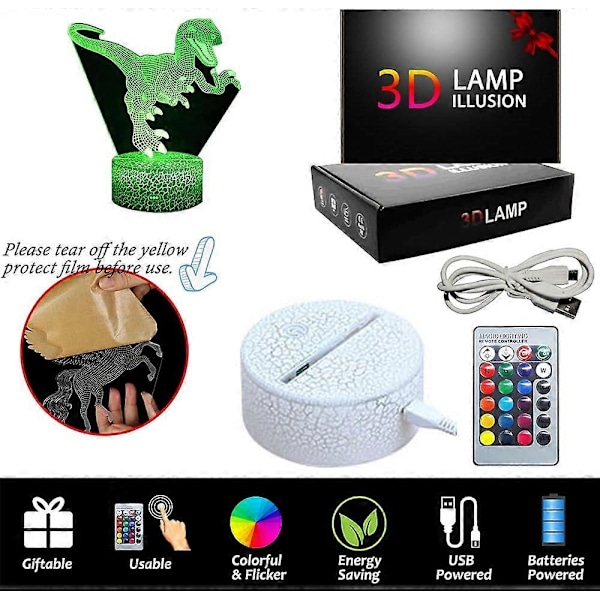 SBSG Dinosaur Natlamper, 3D T-Rex Illusionslampe 16 Farver Udskiftelig Lampe