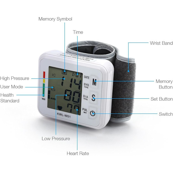 Blodtryksmåler, med justerbart armbånd og LCD-display