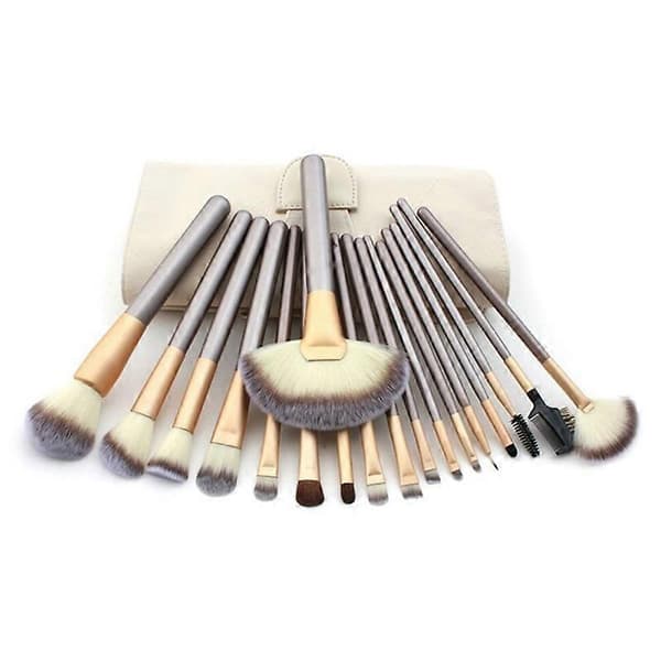 24 hvide makeupbørster, skønhedsmakeup, champagnefarvet makeupbørstesæt og pose