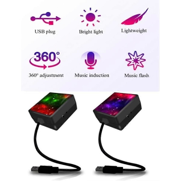 USB Bil Tak Stjärnprojektor Nattlampa, 2 Färger - 3 Belysningslägen, Portabel 360 Graders Kontroller