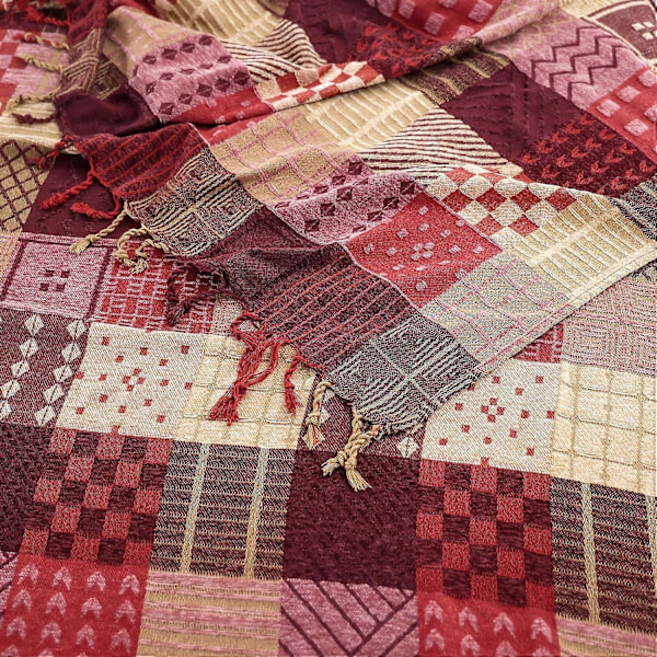 Chenille Vævet Tæppe, Dobbeltsidet Patchwork Sengetæppe med Frynser, Boheme Sengetæppe, 220x260cm, Rød, Elegant og Blød til TV, Sofa, Lænestol, Seng