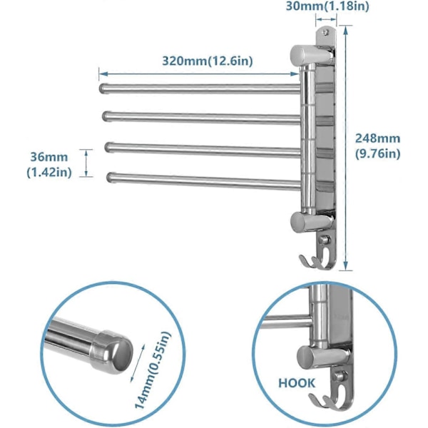 Sølv Håndklestativ til Bad med 4 Armer 180° Roterende Håndklestativ SUS304 Rustfritt Stål 32CM Veggmontert Håndklestativ for Bad Kjøkkenvask
